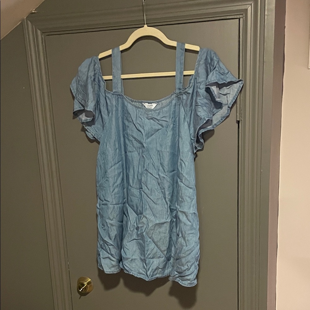 crown & ivy Blue Square Neck Ruffle Sleeve Tunic